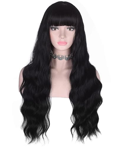 AMZCOS Long Wavy Black Wig with Bangs for Women Heat Resistant Synthetic Hair Wigs for Daily Use(Black) - Image 1