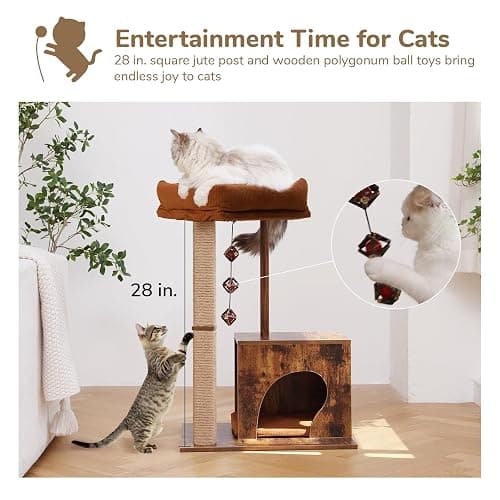FUKUMARU Cat Scratching Post, Modern Style Cat Tree with Unique Square Post, Wooden Cat Tower with silvervine Balls, Retro Cat Condo Scratcher for Indoor Cats（Solid Wood） thumbnail 6