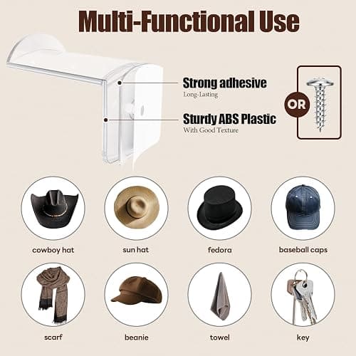 Aoodaily 2.8 Inch Hat Hooks for Wall - (8 Pack) Cowboy Hat Rack, Strong Adhesive Cap Holder, Organizer for Baseball Caps, Western Room Decor - Clear thumbnail 4