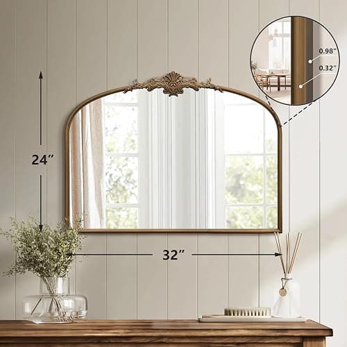 Besdomus Vintage Arched Gold Mirror: 32"x24" Large Gold Vintage Wall Mounted Mirror - Baroque Traditional Ornate for Entryway/Fireplace/Bathroom/Hallway - Home Decor for Fashion-Conscious thumbnail 2