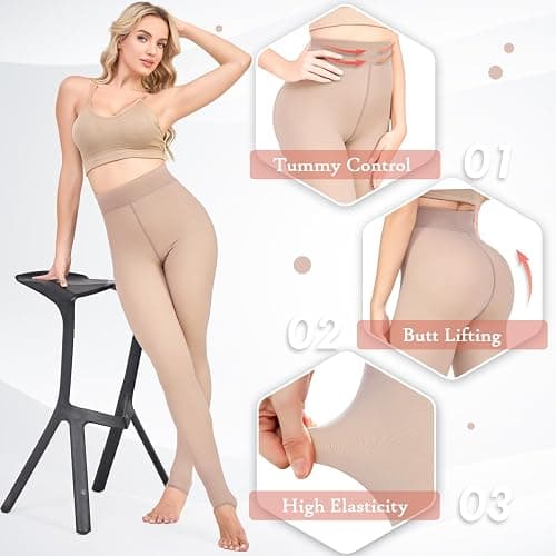 KBVOT Fleece Lined Tights Women Sheer Fake Translucent Winter Thermal Pantyhose Opaque Warm Thick High Waist Leggings(XS-2XL) - X-Small - Skin Stirrup thumbnail 4