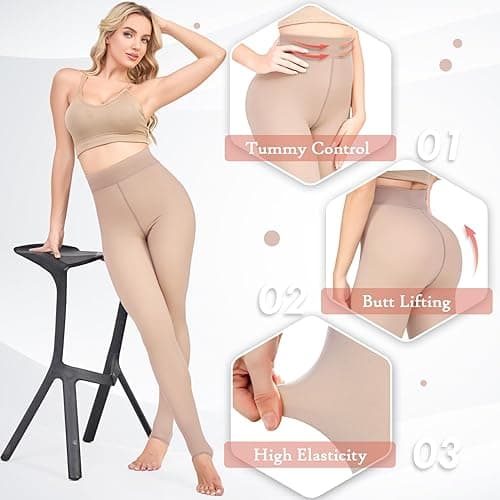 KBVOT Fleece Lined Tights Women Sheer Fake Translucent Winter Thermal Pantyhose Opaque Warm Thick High Waist Leggings(XS-2XL) - X-Small - Skin Stirrup thumbnail 4