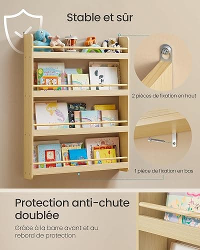 SONGMICS Étagère à Livres pour Enfants, Bibliothèque à 4 Niveaux, Étagère Murale à Jouets, pour Chambre d’Enfant, Salle de Jeux, Naturel GKR014YZ01 thumbnail 4
