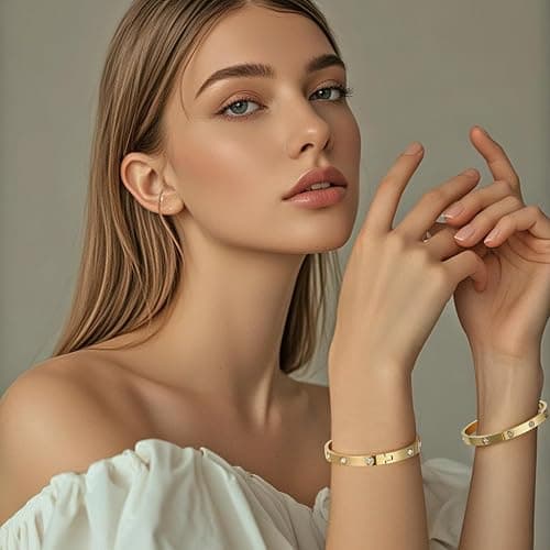 Kenizum 2Pcs 18K Gold-Plated Love Bangle Bracelets set for Women, Stainless Steel Cubic Zirconia Bangle Crystal Friendship Jewelry, Easter Wedding Birthday Gifts for Girlfriend, Wife, Monther thumbnail 2