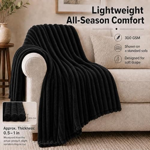 HIMEET Black Throw Blanket for Couch, 300GSM Ribbed Fleece, 50 x 60 Inches | Ultra Soft Flannel, All-Season Lightweight Warmth, Home Room Decor & Dorm Essential, Gift for Men & Women, Machine Washable thumbnail 3