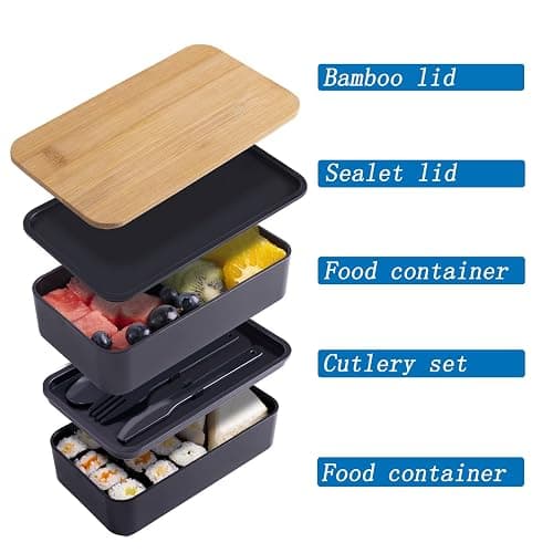 Japanese Bamboo Bento Box with Compartments and Utensils Stackable Lunch Box Includes Lunch Bag for Meal Prep Black thumbnail 3