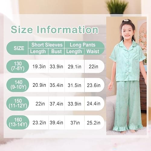 MHJY Schlafanzug Mädchen Set 8-14 Jahre, Kurzarm Pyjama mit Knopfleiste und Lange Hose, Weiches Seidig Nachtwäsche Kinder Teenager PJS thumbnail 6