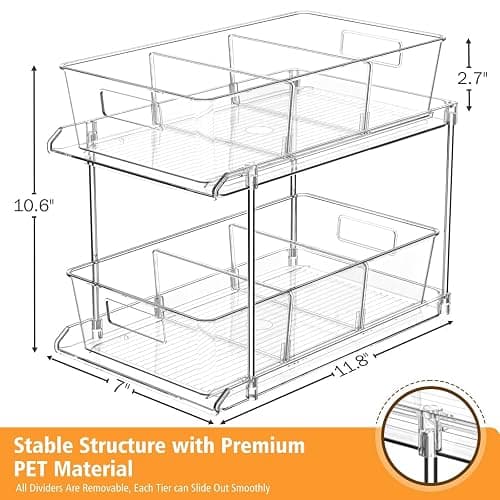 Fabspace Pull-out Home Organizer, 2 Pack 2 Tier Clear Bathroom Organizer with Dividers, Multipurpose Vanity Counter Tray, Kitchen, Closet Organizers, Cabinet & Storage Container Bins thumbnail 2