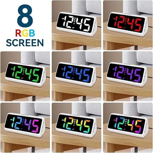 Netzu Loud Alarm Clock for Heavy Sleepers, Plug-in RGB Vibrating Alarm Clocks with Bed Shaker, 5 Dimmers, 2 Alarms and Snooze for Bedrooms Hearing Impaired Deaf Adults (White) thumbnail 2