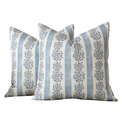 DOMVITUS Floral Throw Pillow Covers 18x18 Inch Set of 2, Block Print Decorative Pillow Covers Vintage Striped Neutral Farmhouse Boho Home Decor for Couch Sofa Bed Living Room, Light Blue thumbnail 8