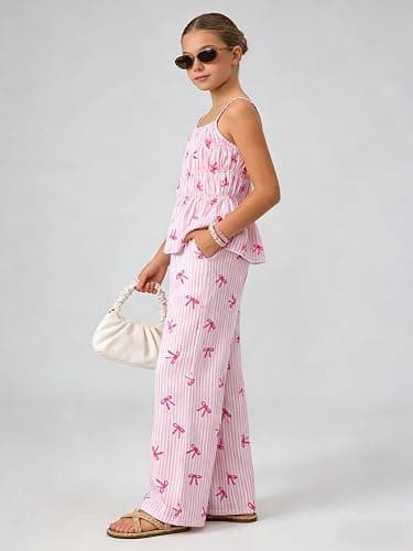 Cakaner Tween Girls Clothes Summer 2 Piece Outfit Set Ruffle Cami Top Wide Leg Pants with Pockets Size 8-13 thumbnail 3