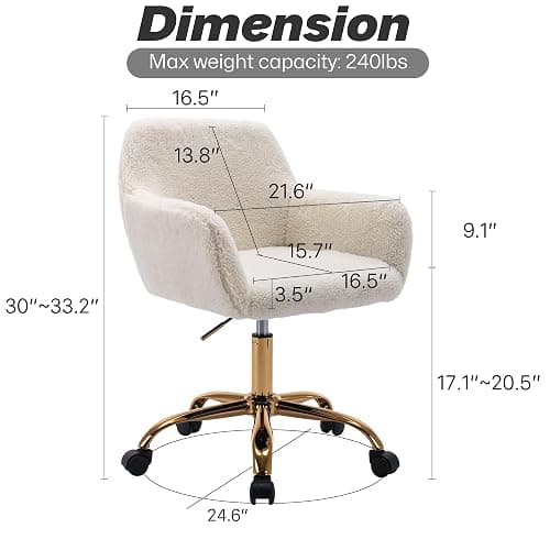 KCC Faux Fur Office Desk Chair, Comfy Swivel Armchair with Wheels, Upholstered Fuzzy Vanity Chair, Adjustable Height, White thumbnail 3