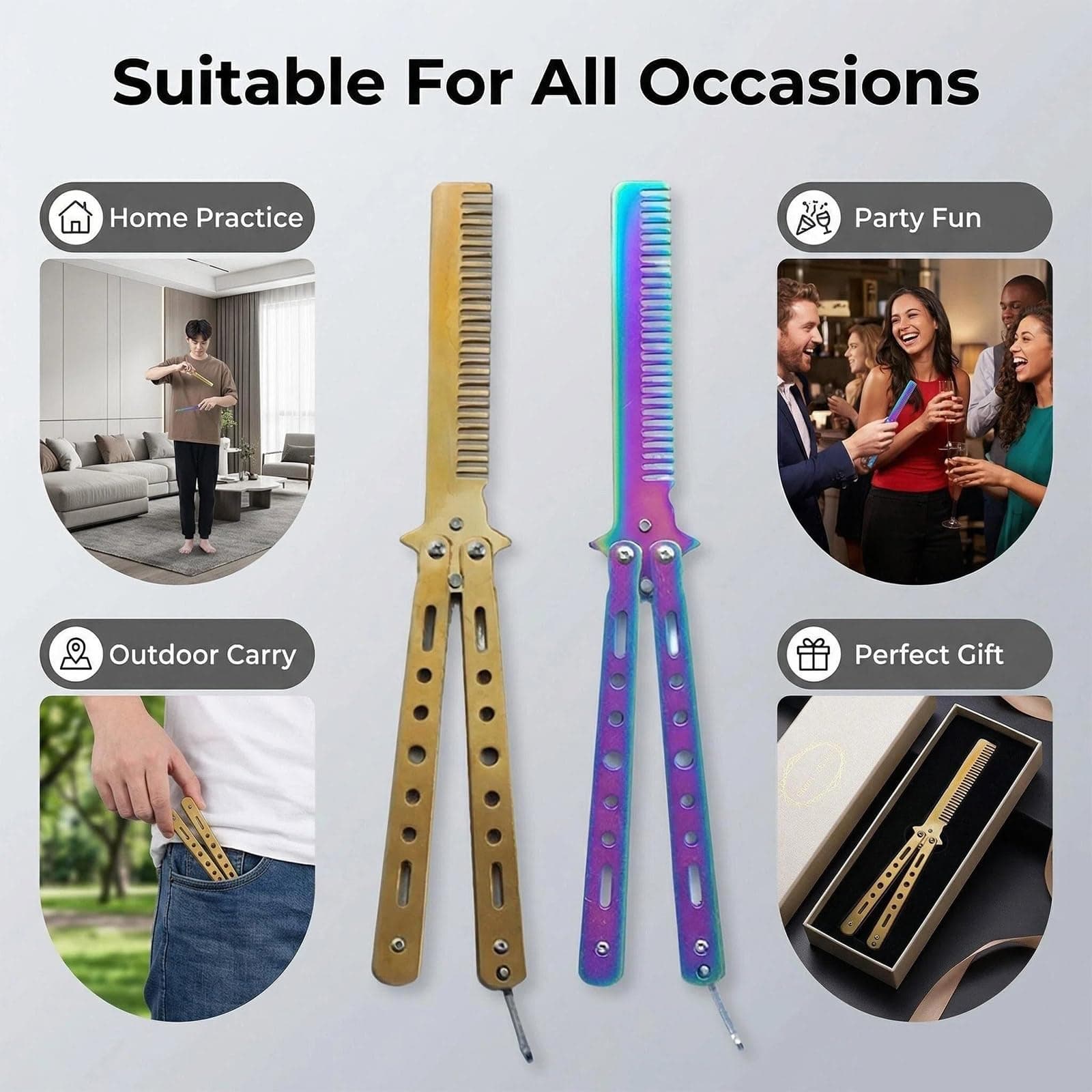2 pcs Stainless Steel Practice Butterfly Knife and Comb Trainer for Beginners - Portable, Multifunctional Tools for Butterfly Comb Enthusiasts - Safe and Durable Training Set (Colorful,Gold） thumbnail 5