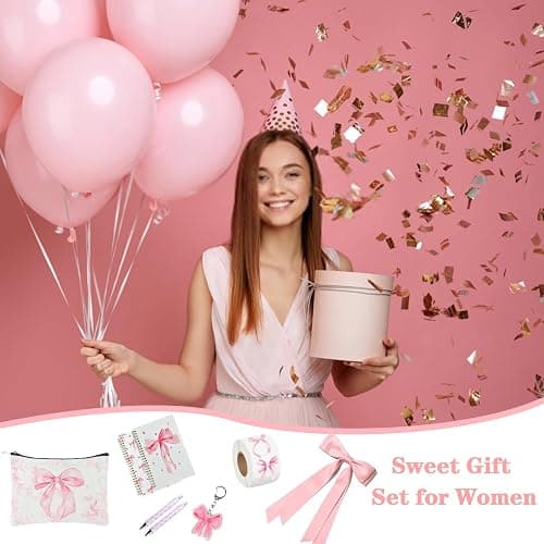10 PCS Pink Bow Stuff Gift with Bow Cup, Preppy Makeup Bag, Notebook | Hairband, Sock, Bow Keychain,Pen,Sticker for Birthdays Present, Coquette Preppy Bow Accessories Set for Girl Women thumbnail 7