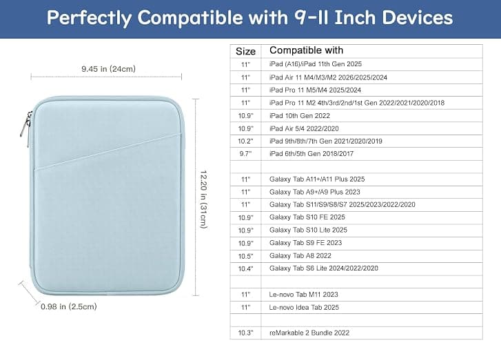 Dadanism 9-11 Inch Tablet Sleeve Bag Carrying Case, Milk Blue | For iPad A16 11", iPad Air M4/Pro M5 11", iPad 10th Gen 10.9", iPad 9/8/7th Gen 10.2", Galaxy Tab A11+ 11", Tab M11 11" thumbnail 2