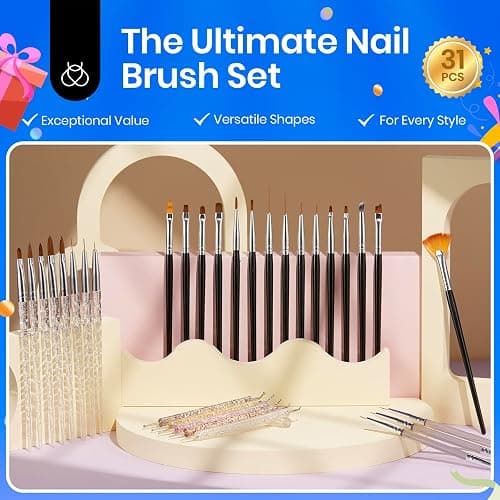 💜 31pcs Nail Art Brushes, Dotting Tools, Nail Art Pens, Dust Brush, Striping Liner Fingernail Drawing Pens with Palette Holder All in One for Starter Manicure Design Set thumbnail 7