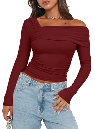 Darong Women's One Off Shoulder Long Sleeve Tops Ruched Going Out Crop Shirts Slim Fit Y2K Tee Blouse thumbnail 4