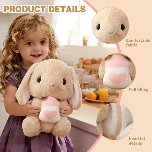 HOUPU Soft Toy - Sitting Lop Eared Rabbit, Easter White Rabbit Stuffed Bunny Animal with Carrot Soft Lovely Realistic Long-Eared Standing Pink Plush Toys (Brown-Milk Bottle,16.9in/43cm) thumbnail 4