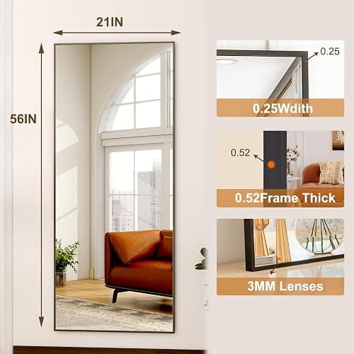 HARRITPURE 21"x56" Full Length Mirror with Stand, Rectangle Floor Standing Mirror, Black Aluminum Thin Frame Free Standing or Wall-Mounted Full Body Mirror for Living Room Bedroom thumbnail 2