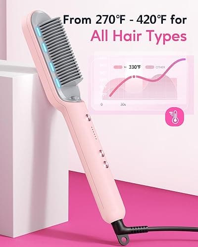 Wavytalk Hair Straightener Brush, Sleek Sweep Ionic Straightening Brush with 6 Temperature Adjust, Anti-Scald Ceramic Straightening Comb Fast Heating for Home Salon, Dual Voltage Pink. - Pink thumbnail 5