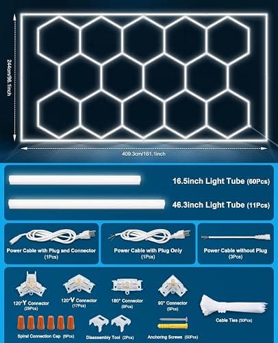 Garage Lights Hexagon led Lights DIY Ceiling LED Shop Light 91630LM for Basement Warehouse Workshop Barbershop Car Care Wash Room Auto Beauty Gym Exhibition Hall 14 Grids with Rectangle Frame 6500K thumbnail 8