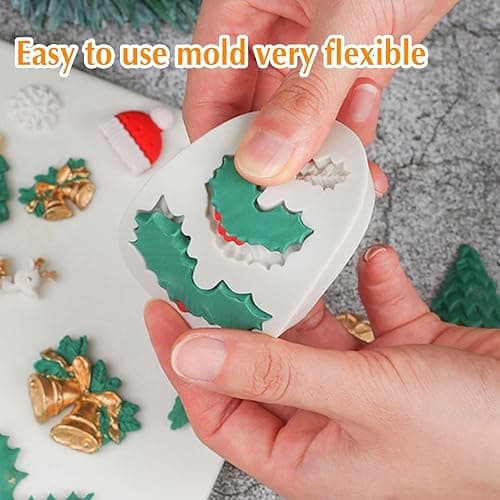 Christmas Fondant Mold Set of 5 Pieces- 3D Snowflake, Christmas Tree, Reindeer, Holly Leaf, Cupcake Topper for Cake Decorating Tools thumbnail 7