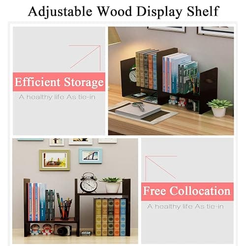 VOVCIG Desktop Organizer Expandable Office Storage Rack Adjustable Wood Display Shelf Rack Small Bookshelf Office Supplies Storage Shelf, 5 Units(Dark Brown) thumbnail 4