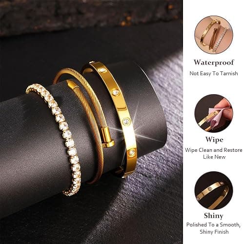 JUNVirtuous 3-Pack Gold Bracelets for Women,18K Gold Plated Bangle Tennis Bracelets Stack Set for Women Trendy Non Tarnish Stainless Steel Gold Bangles Accessories Designer Jewelry Pulseras Para Mujer thumbnail 4