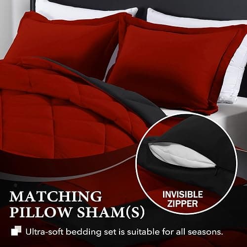 downluxe Queen Comforter Set - Red and Black Queen Comforter - Soft Bedding Sets for All Seasons - 3 Pieces - 1 Comforter (88"x92") and 2 Pillow Shams (20"x26") thumbnail 3