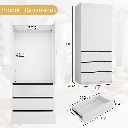 LABROSKIA Wooden Wardrobe Closet with 2 Doors: 75" Bedroom Armoire Wardrobe Closet with 3 Drawers, White Cabinet with Hanging Shelves, Large Storage Cabinet (Modern, 1) thumbnail 2