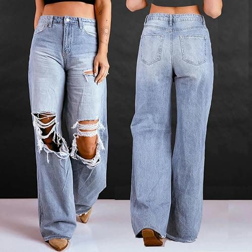 LCZYMEN Women's Jeans High Waist Ripped Jeans for Women Fashion Loose Denim Wide Leg Pants Street Casual Trousers thumbnail 4