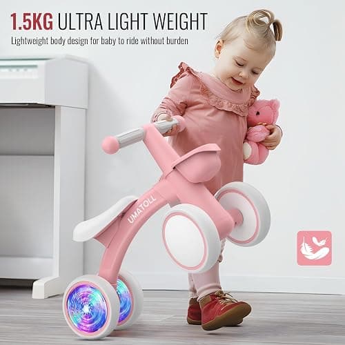 Umatoll Colorful Lighting Baby Balance Bike Toys for 1 Year Old Girl Gifts, Adjustable Seat, First Birthday Gifts, 12-24 Months Toddler Bike, Pink thumbnail 7