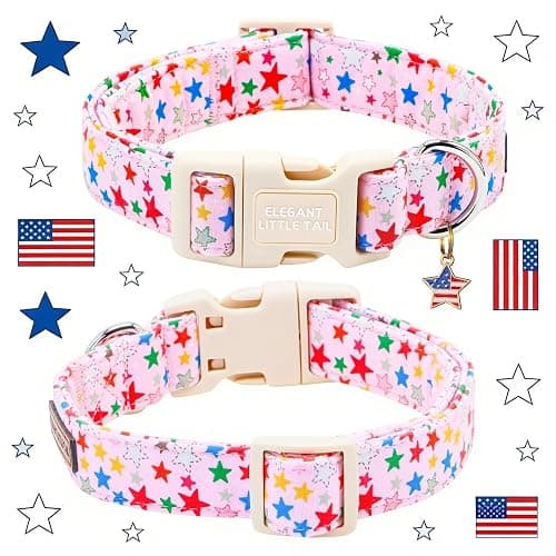 Elegant Little Tail 4th of July Dog Collar with Pendant, Patriotic Pink Stars Patriot Pattern Cotton, Sturdy Quick-Release Plastic Buckle, Girl Adjustable Pet Collar for Medium Dogs thumbnail 3