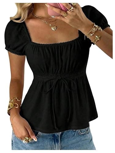 SOLY HUX Women's Short Sleeve Babydoll Tops Cute Summer Blouse | Peplum Top for Teen Girls, Square Neck, Lace Tops, Summer T Shirts - Image 1
