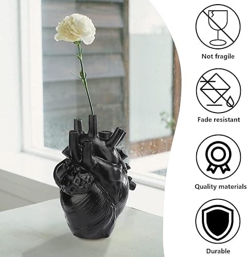 BestAlice Anatomical Heart Vase, Black Heart Shaped Vase for Flowers, Creative Heart-Shaped Sculpture Vase Heart-Shaped Art Resin Vase Desktop Ornament, Gift vases for Living Room Decorations, Black thumbnail 3