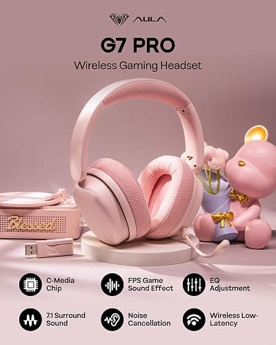EPOMAKER X Aula G7 Pro Wireless Gaming Headset, Dual Mode BT5.3 & 2.4GHz, 7.1 Surround Sound, 80+ Hour Battery, RGB Light, with Noise Canceling Mic for PS5, PS4, Switch, PC (Pink) thumbnail 2