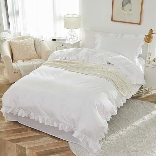 Brandream Kid's Duvet Cover Twin/Twin XL Size,100% Organic Cotton 2pcs Girl Bedding Duvet Cover Set, Ruffled Fringe Solid Color Soft Breathable with Zipper Closure & Corner Ties(White) thumbnail 3