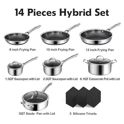 SNOWCLAD Pots and Pans Set Non Stick, 14 Pcs Hybrid Stainless Steel Cookware Sets, Non Stick Frying Pans, Saucepans, Saute Pan & Stock Pot, PFOA Free Kitchen Skillet,Induction Compatible thumbnail 4