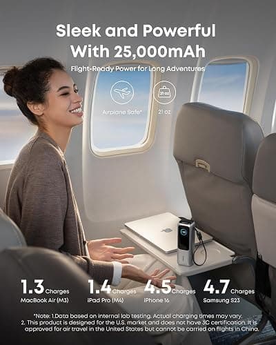 Anker Power Bank, 25,000mAh Travel Essential with 165W Total Output | 3 USB-C Ports with 100W Max Each, Built-In Retractable Cables, Flight-Ready, for iPhone 17 Series, MacBook, and More thumbnail 4