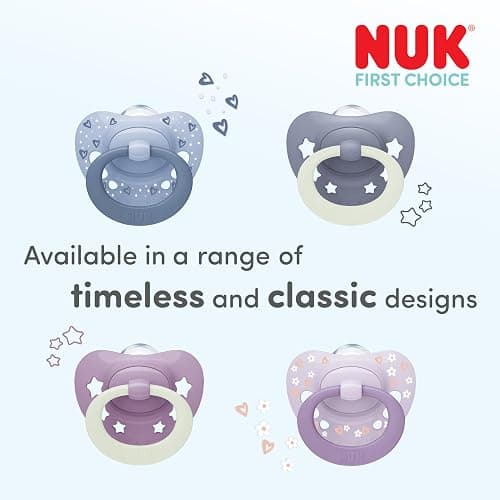 NUK First Choice Classic Night Baby Dummies | 6-18 Months | Orthodontic Soothers that Glow in the Dark | 95% Baby Acceptance** | Blue | 2 Count thumbnail 2