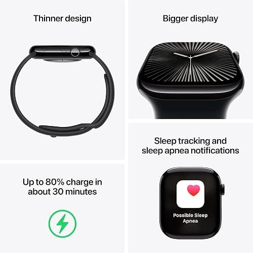 Apple Watch Series 10 [GPS + Cellular, 46mm] - Jet Black Aluminum Case with Black Sport Band, M/L (Renewed) thumbnail 3