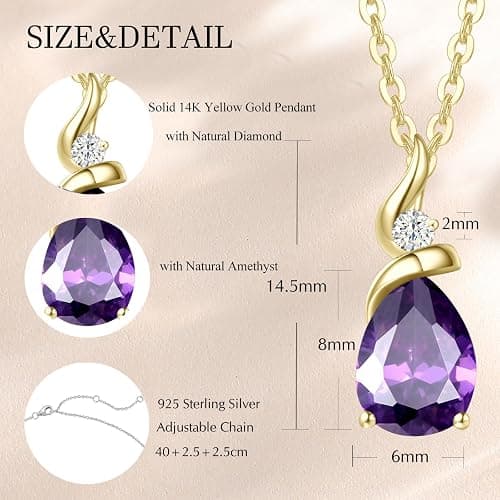 FANCIME 14K Solid Yellow Gold Birthstone Pendant Necklace for Women with Diamond Pear Shaped Teardrop Necklace Birthday Gifts for Mom Women Sterling Silver Chain 16" + 2" Extender thumbnail 2