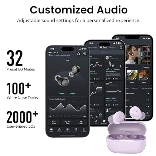 TOZO A1 Wireless Earbuds Bluetooth 5.3 Light Weight in Ear Headphones | IPX5 Waterproof,2 Mics for AI Calls,Immersive Premium Sound Bass Headset with Charging Case,32 EQ via App Light Purple thumbnail 7