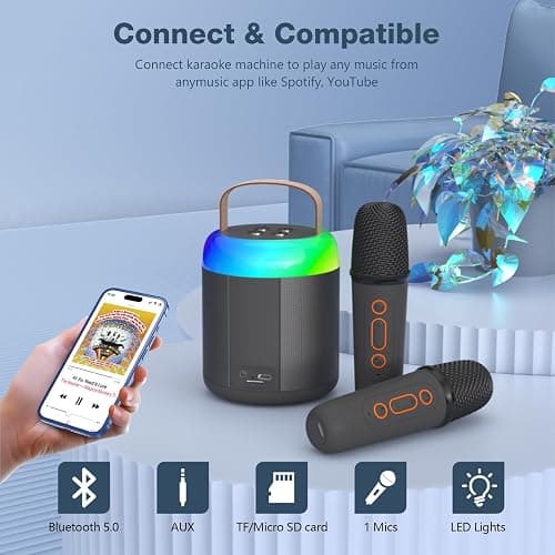 Onihan Karaoke Machine for Kids with 2 Microphones, Portable Kids Karaoke Machines for Girls with LED Party Lights,Girls Toys Birthday Gifts for Kids Age 14-18 (Black 2 Mic) - Black thumbnail 2
