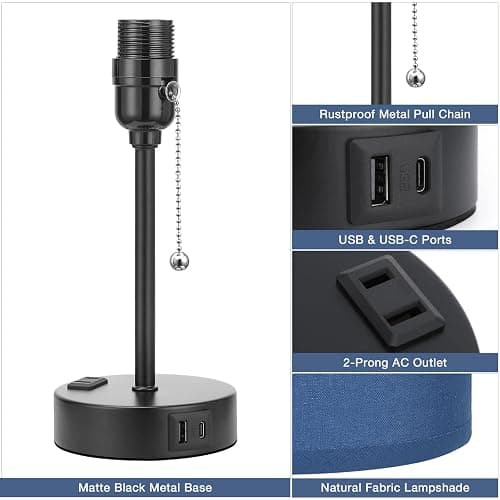 Small Bedside Table Lamp for Bedroom - Desk Lamp with USB Ports for Dorm | USB A+C Ports, AC Outlet, 3 Color Temperatures, LED Bulb Included, Navy Blue Shade, Matte Black Base, 14" Night Stand Lamp thumbnail 5