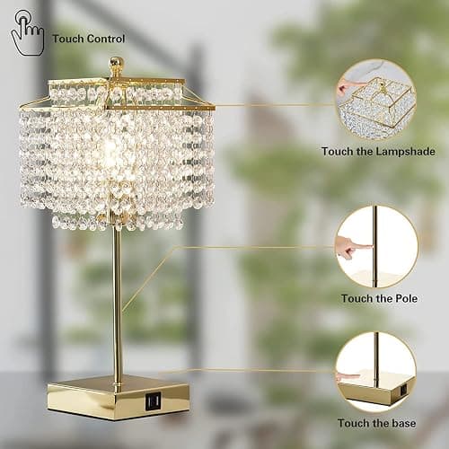 Luvkczc Crystal Touch Table Lamp, Bedside Lamps with with USB C+A Ports, Gold Bedroom Lamp, Dimmable Lamp with Crystal Shade, Nightstand Lamps for Bedroom, Living Room, Bulb Included thumbnail 2