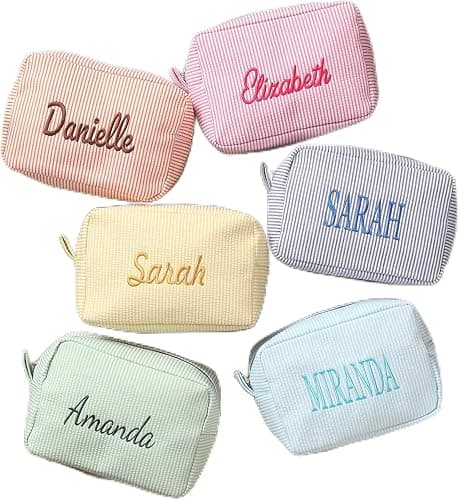 Personalized Cosmetic Bag with Name, Cute Custom Makeup Bags for Women Girls Seersucker Bridesmaid Travel Bag, Organizer Storage Pouch (Single color Embroidered) - Image 1
