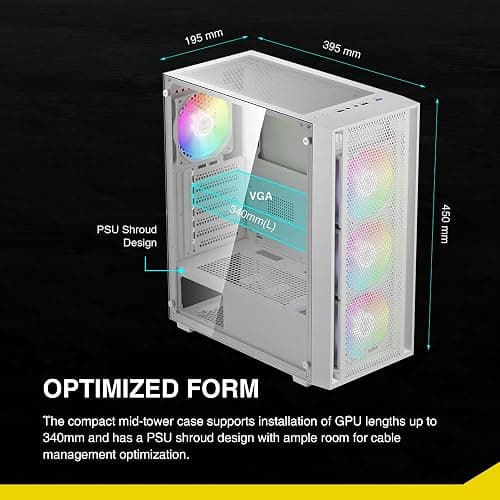 GAMDIAS White ATX Mid Tower Gaming Computer PC Case with Side Tempered Glass, Preinstalled 4X 120mm ARGB Fans, Support Up to 6X 120mm Fans, 360mm AIO/Radiator, 340mm GPU/VGA, 160mm CPU Air Cooler thumbnail 3