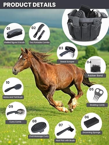 inoreal Horse Grooming Kit 12 Pcs – Complete Horse Brushes & Care Supplies Set with Organizer Tote Bag, Equine Coat Grooming Tools, Tack Room Equipment & Gifts for Horse Owners & Lovers thumbnail 2