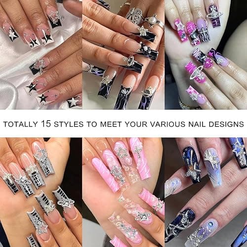 120+ Pcs Star Nail Charms Inlaid Rhinestones Gems, Silver Star Planet Cross Nail Art Decorations Shiny Jewelry for Acrylic Nail Accessories for Women Girl Manicure DlY Crafts Supplies thumbnail 3